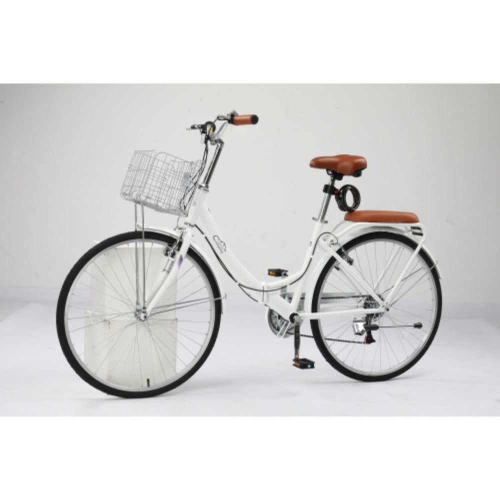 Steel 26in White\u002F Green Foldable Commuter Bike With Rear Seat V-Brake 7-Speed
