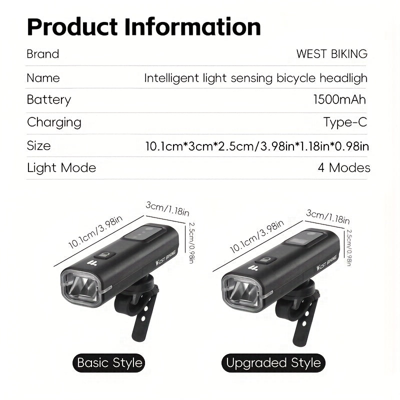 WEST BIKING Smart Bike Light 400LM USB-C Quick Charge Bike Headlight with Control