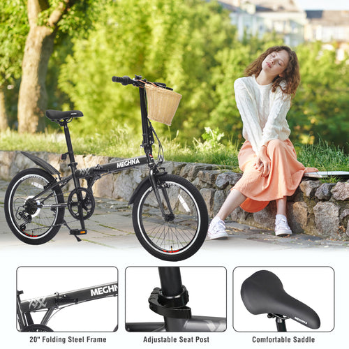 1x 20 Inch Folding Bike for Adults with Basket Phone Holder Fenders Steel Frame