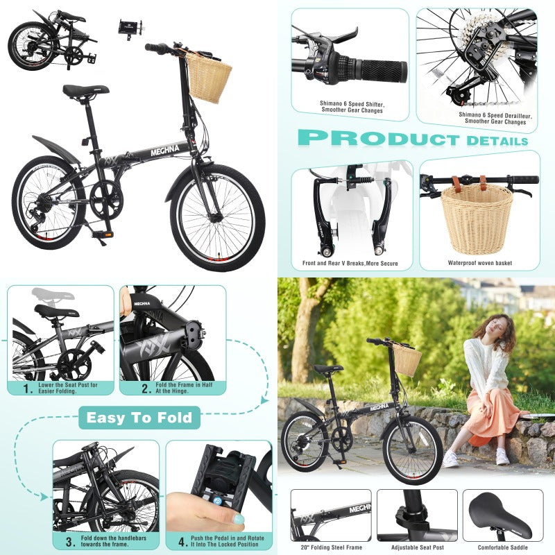 1x 20 Inch Folding Bike for Adults with Basket Phone Holder Fenders Steel Frame