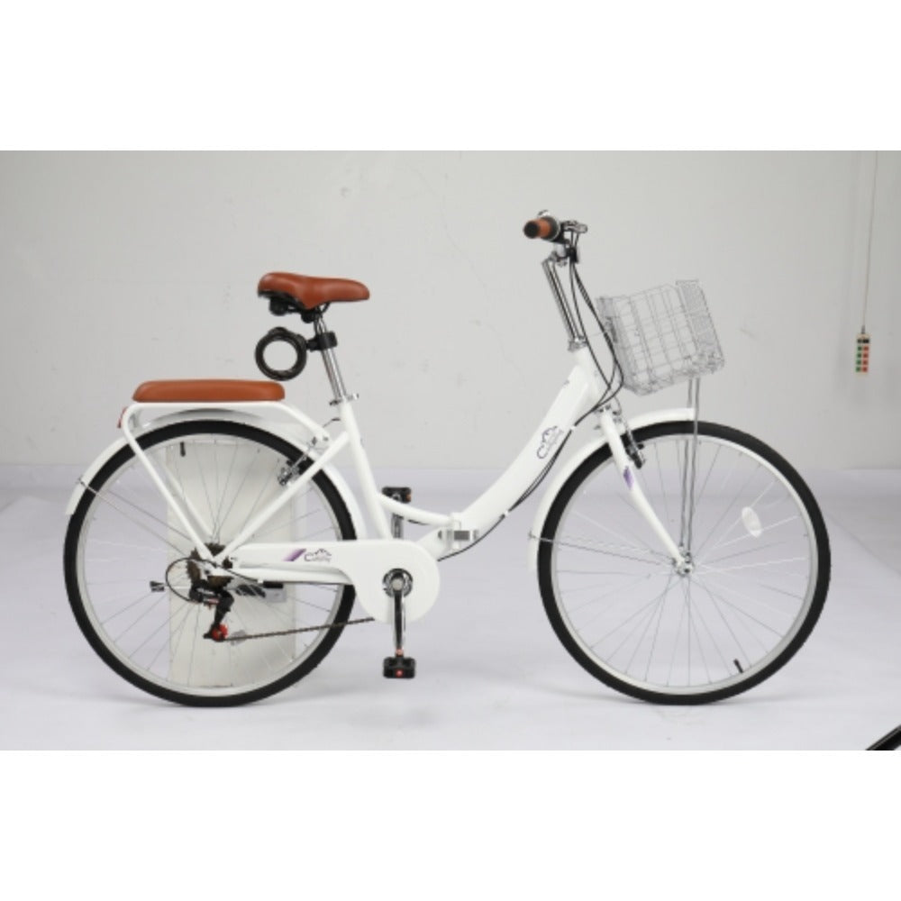 Steel 26in White\u002F Green Foldable Commuter Bike With Rear Seat V-Brake 7-Speed