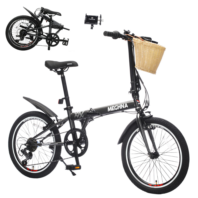 1x 20 Inch Folding Bike for Adults with Basket Phone Holder Fenders Steel Frame