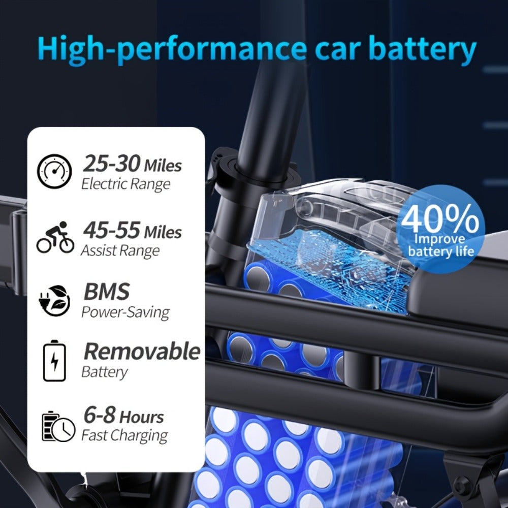 740W Lightweight Cool Off-road Folding Bike 20 Mph, 35 Miles Of Range, Removable Battery