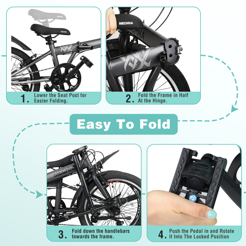 1x 20 Inch Folding Bike for Adults with Basket Phone Holder Fenders Steel Frame