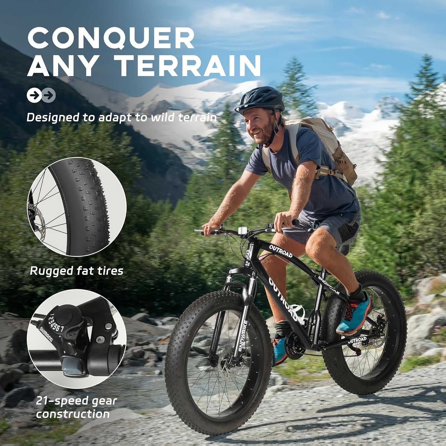 1 Mountain Bike Fat Tire | 26 Inch Wheels, 21 Speed, High Carbon Steel Frame, Double Disc Brake