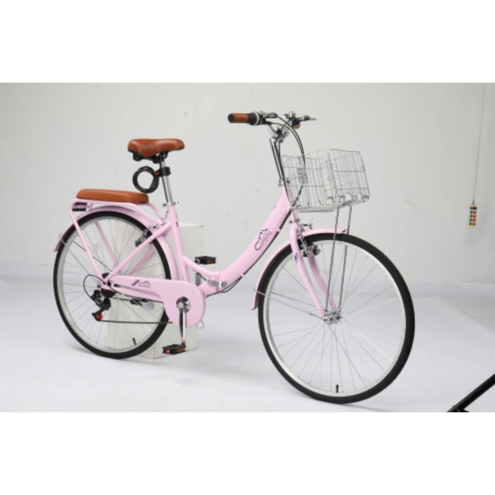 Steel 26in Pink\u002F White Foldable Commuter Bike With Rear Seat V-Brake 7-Speed