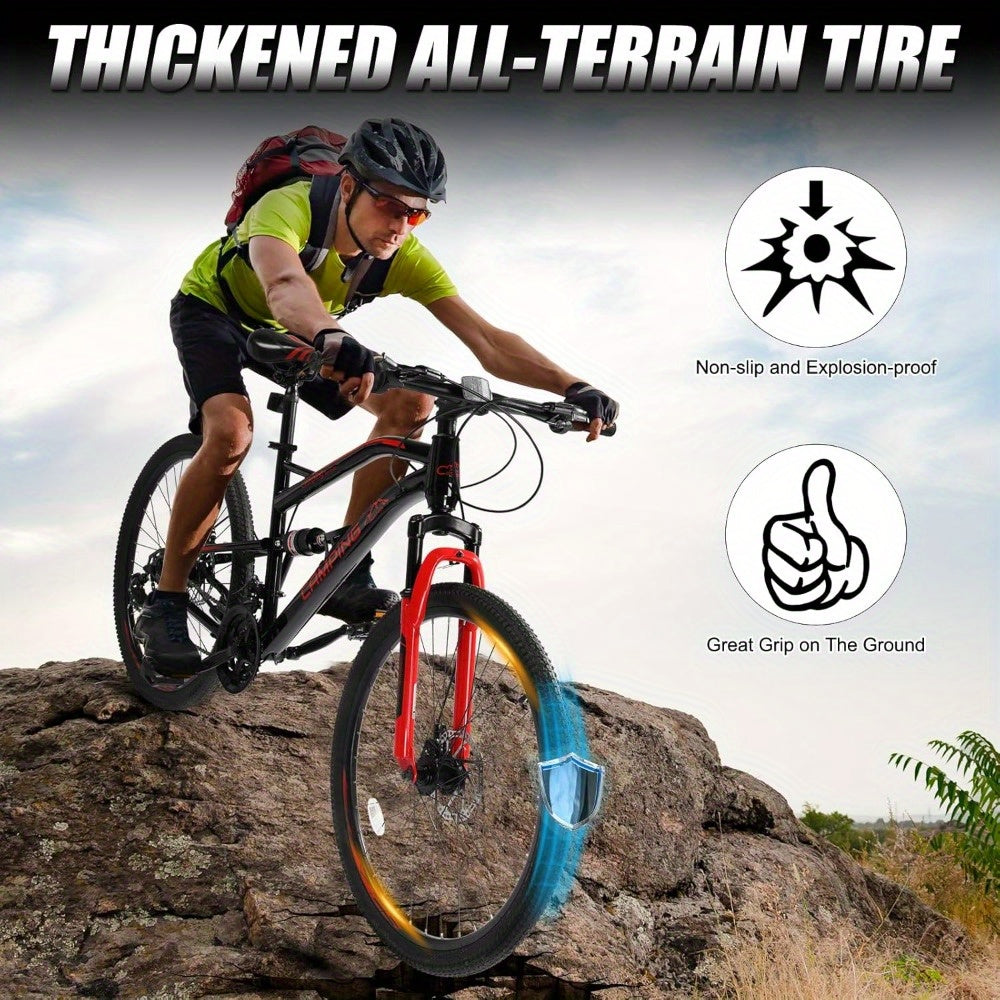 26 - Inch 21 - Speed Black & Red Mountain Bike - High - Carbon Steel Irregular Frame, Dual Suspension