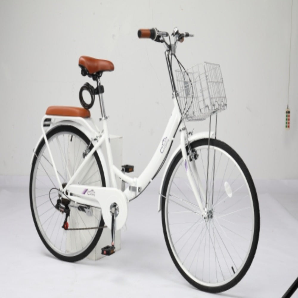 Steel 26in White\u002F Green Foldable Commuter Bike With Rear Seat V-Brake 7-Speed