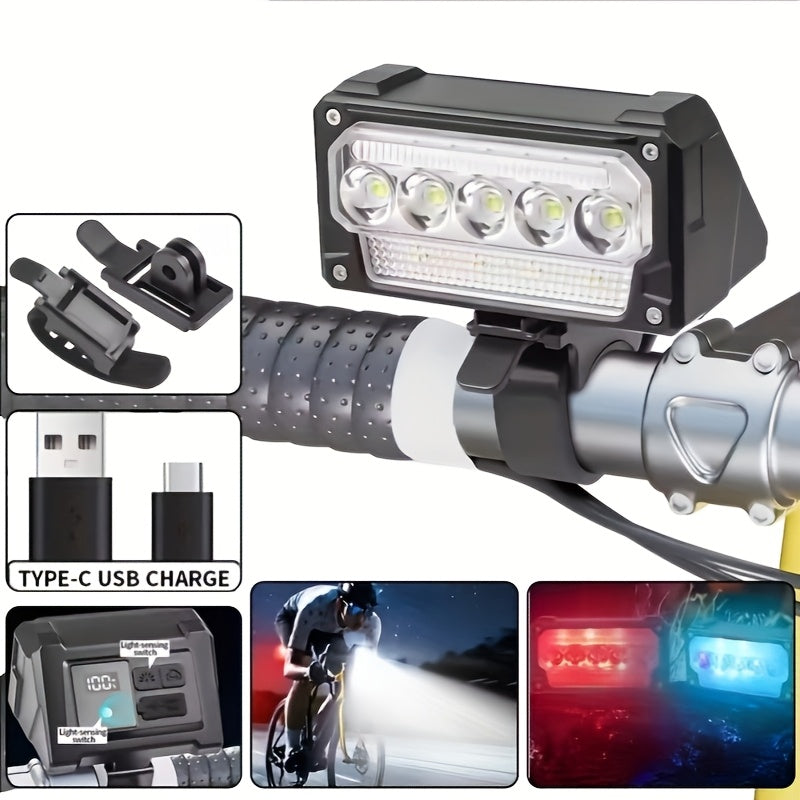 Bicycle Front Light, 5 LED Super Bright with Battery Display, Smart 5 Modes, Light Sensor