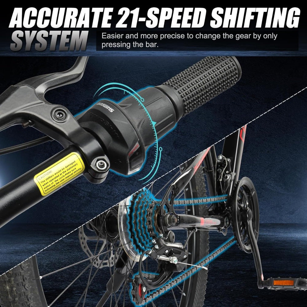 26in 21-Speed Mountain Bike with High-Carbon Steel Frame, Dual Suspension & Disc Brakes
