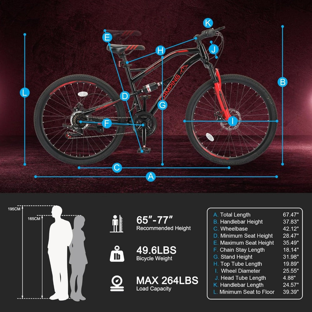 26 - Inch 21 - Speed Black & Red Mountain Bike - High - Carbon Steel Irregular Frame, Dual Suspension