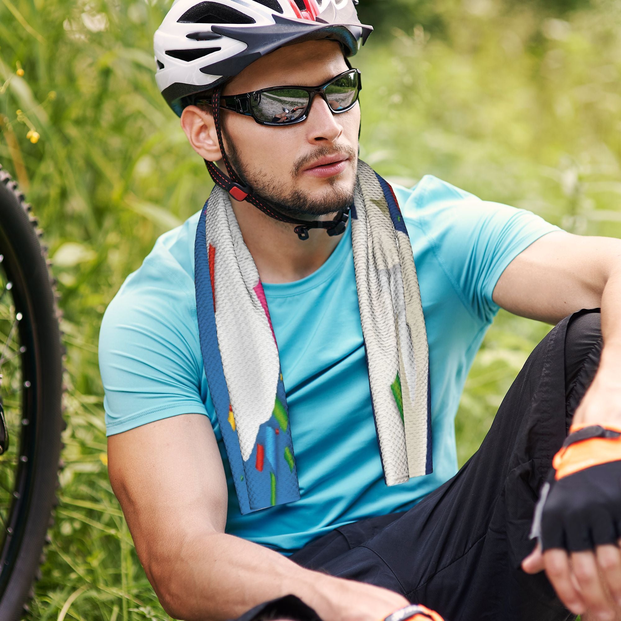 Men'S Cycling Gear - Light Blue T-Shirt, Black Shorts with White & Red Accents