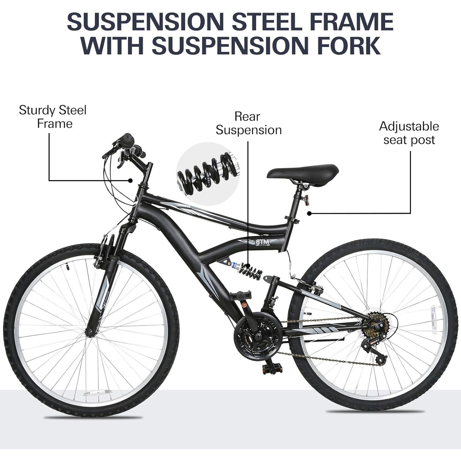 26 Inch 18-Speed Full Suspension Mountain Bike with V-Brakes & Alloy Steel Frame