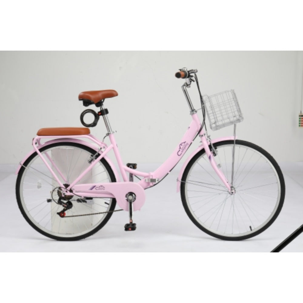 Steel 26in Pink\u002F White Foldable Commuter Bike With Rear Seat V-Brake 7-Speed