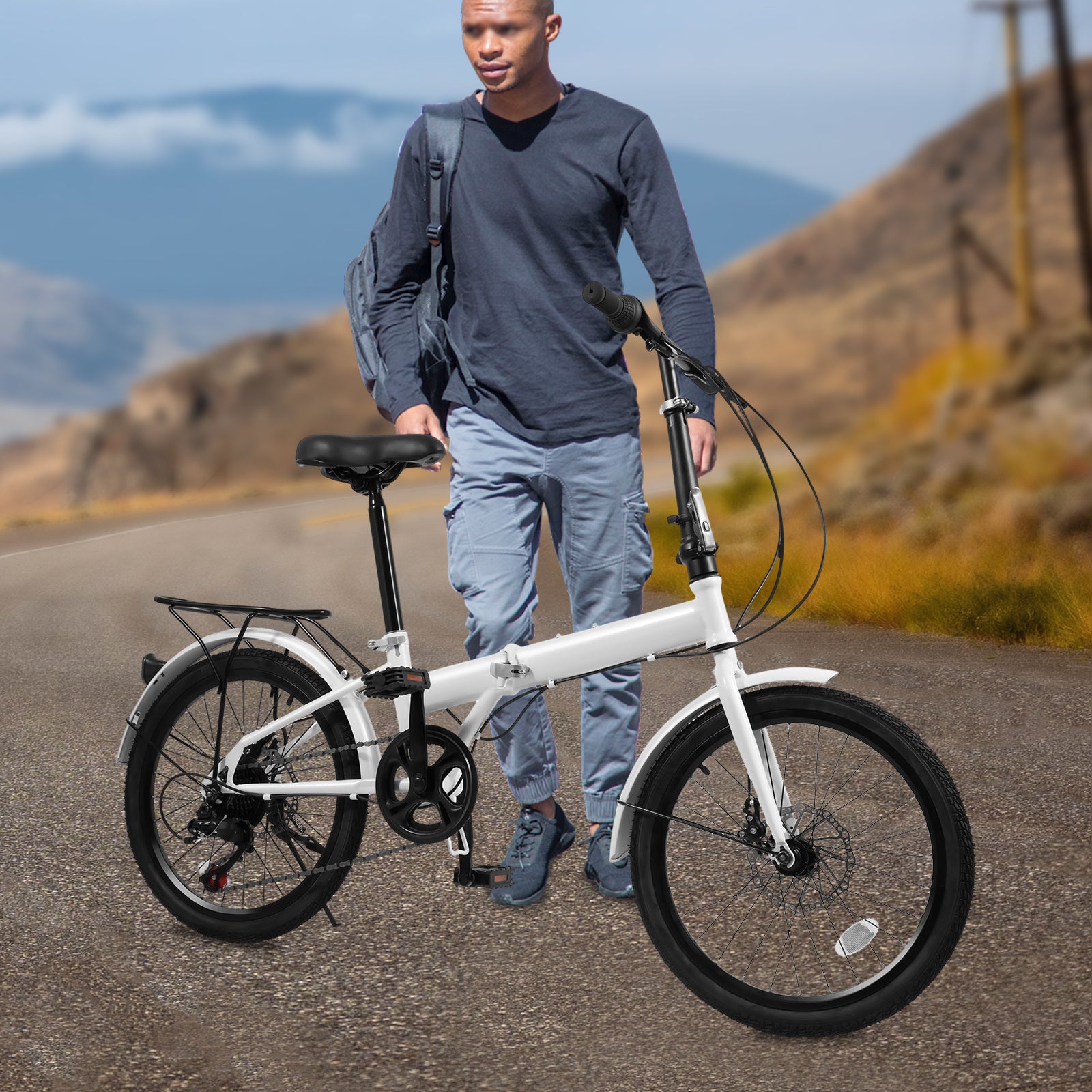 20-Inch Folding Bike - 7-Speed Foldable Bicycle with Front & Rear Disc Brakes & Fenders