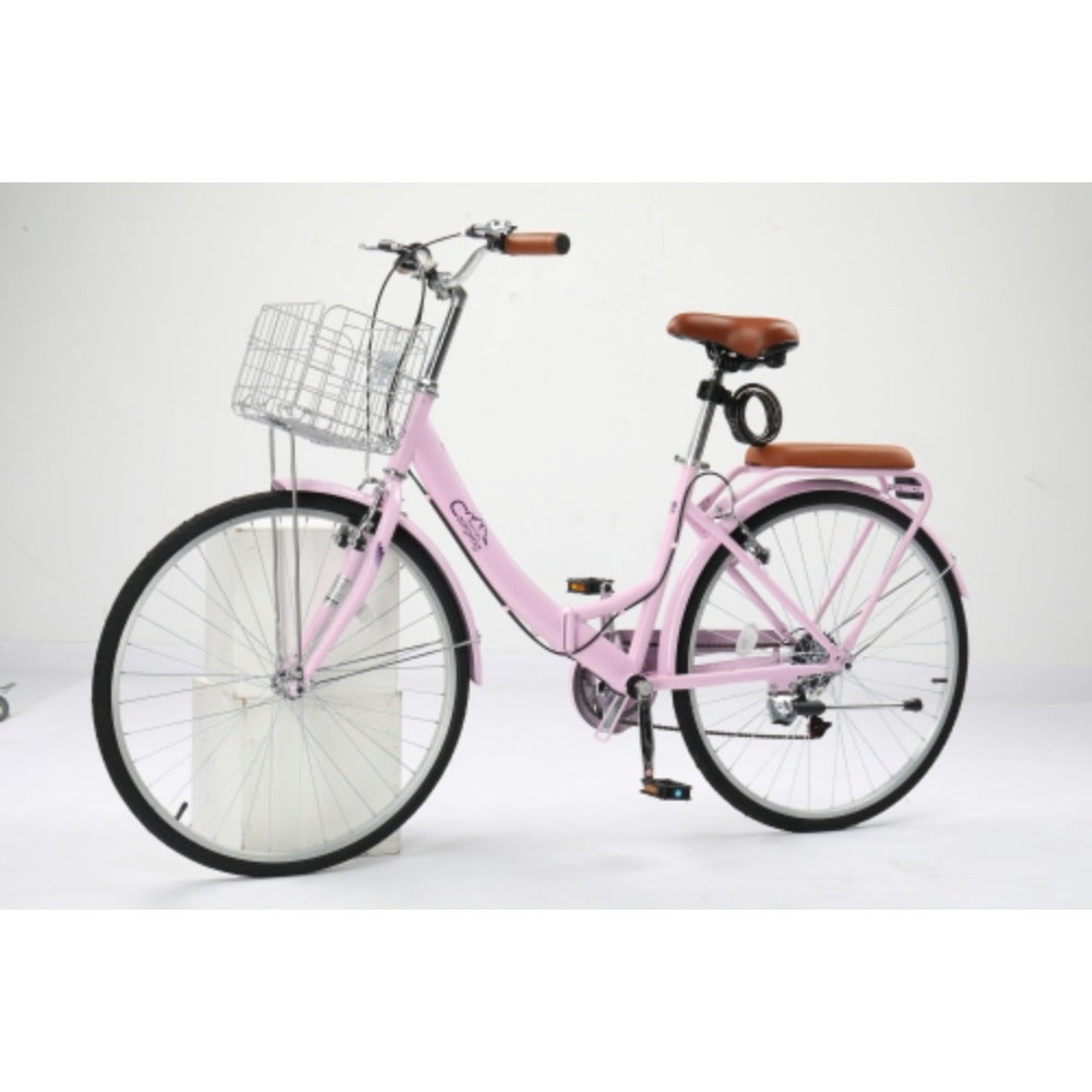 Steel 26in Pink\u002F White Foldable Commuter Bike With Rear Seat V-Brake 7-Speed