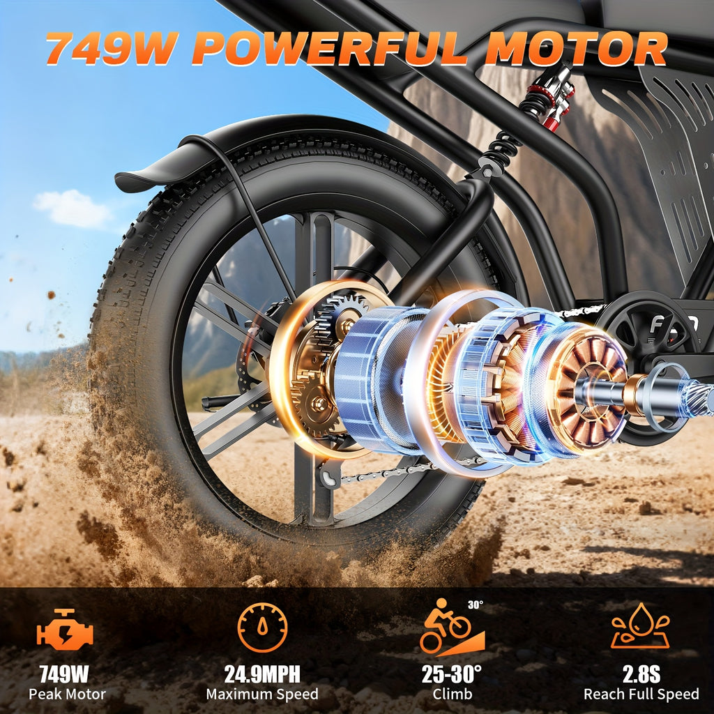 Dual Suspension Fat Tire Electric Mountain Bike, 749W Motor, Removable 48V 20AH Lithium Battery