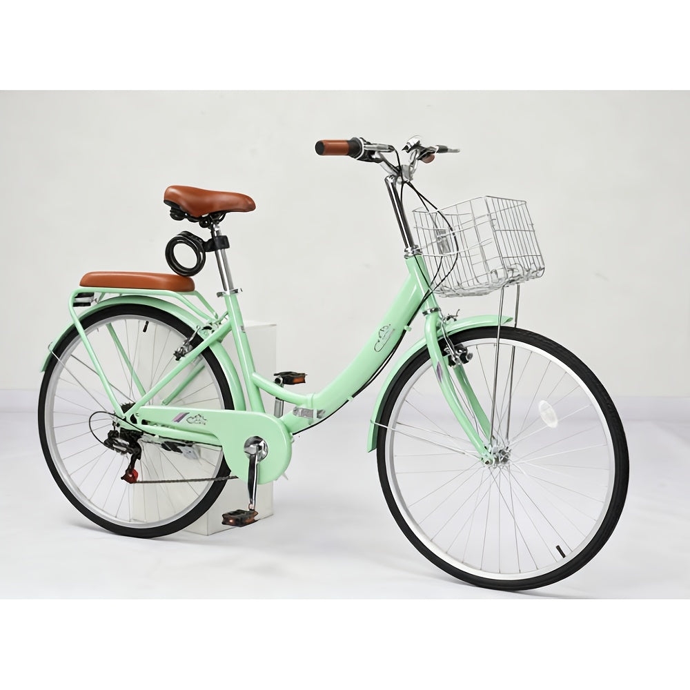 Steel 26in White\u002F Green Foldable Commuter Bike With Rear Seat V-Brake 7-Speed