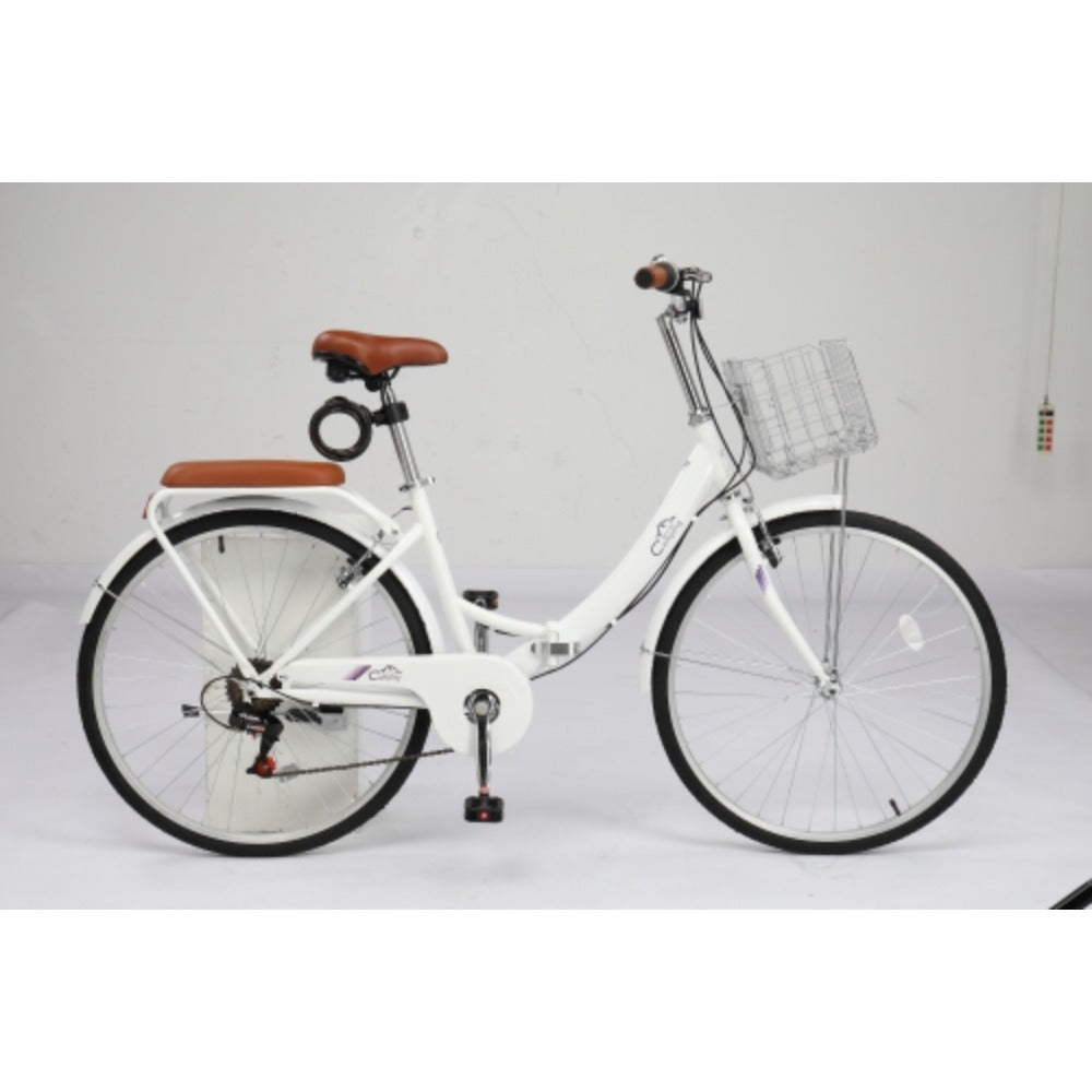 Steel 26in Pink\u002F White Foldable Commuter Bike With Rear Seat V-Brake 7-Speed